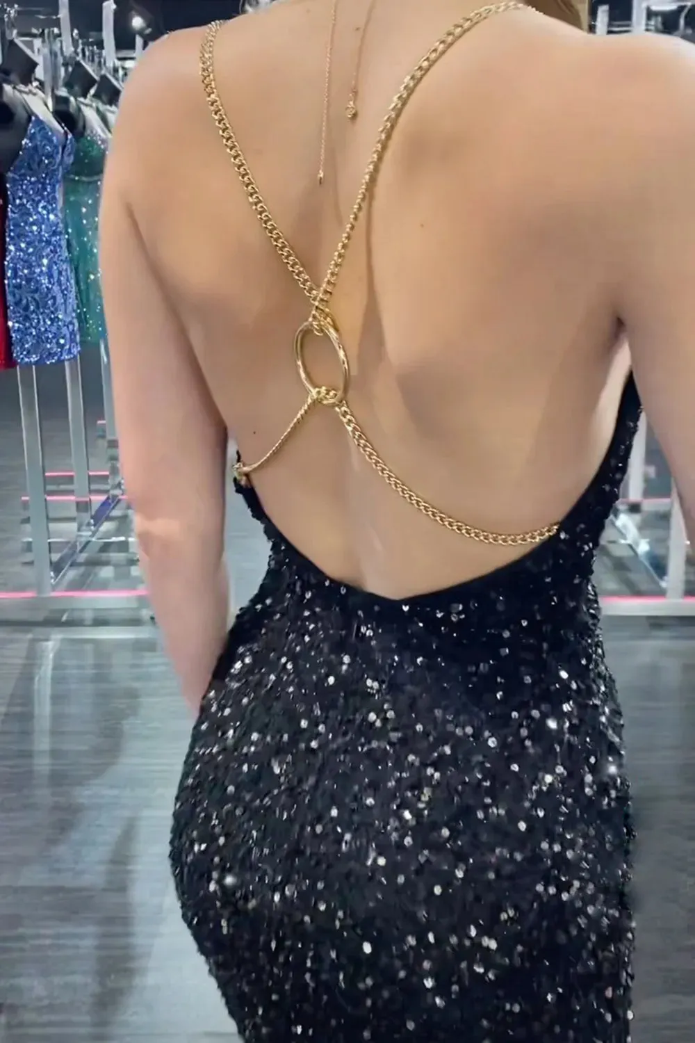 Bodycon V Neck Black Sequins Short Tight Homecoming Dresses VK081502