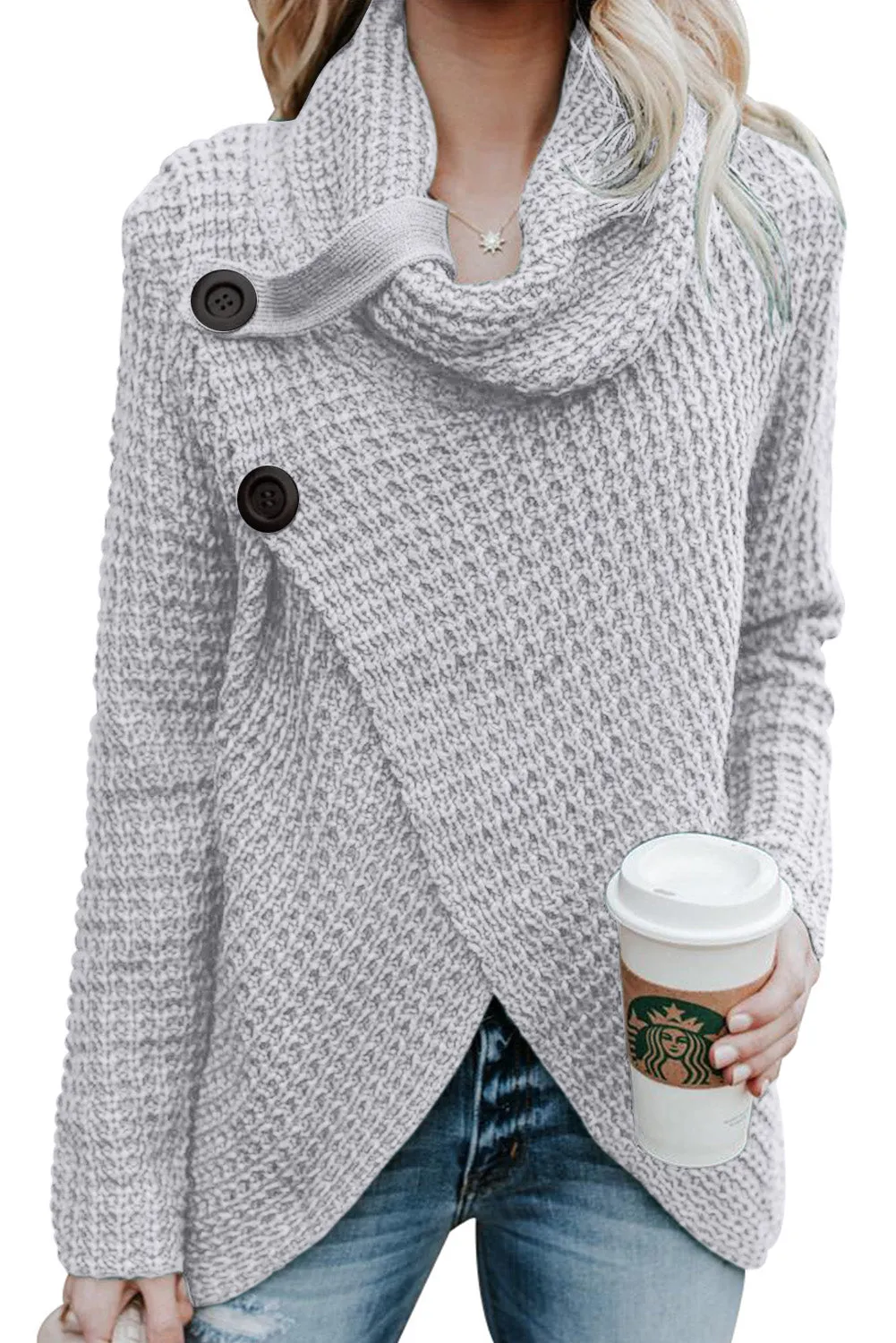 Buttoned Wrap Cowl Neck Sweater