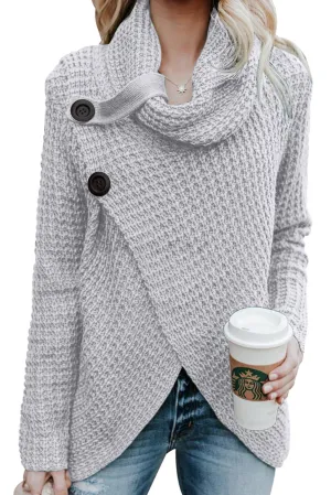 Buttoned Wrap Cowl Neck Sweater