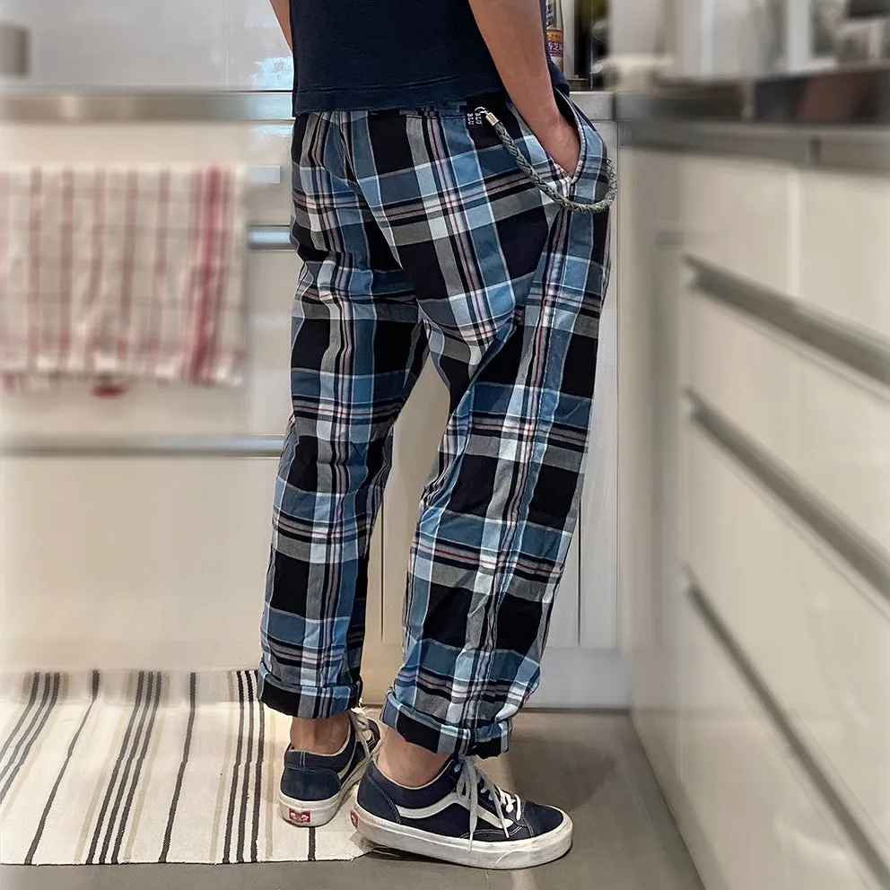 BZEN M.1123 WALTER-CELTIC REGULAR FIT UNISEX FLAT FRONT 4 POCKET INDIGO CHECK CHINO-4.5OZ-E1A INDIGO CHECK