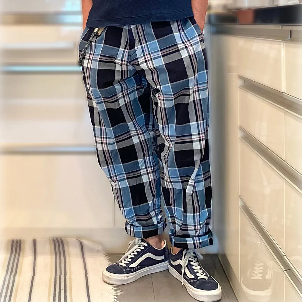 BZEN M.1123 WALTER-CELTIC REGULAR FIT UNISEX FLAT FRONT 4 POCKET INDIGO CHECK CHINO-4.5OZ-E1A INDIGO CHECK