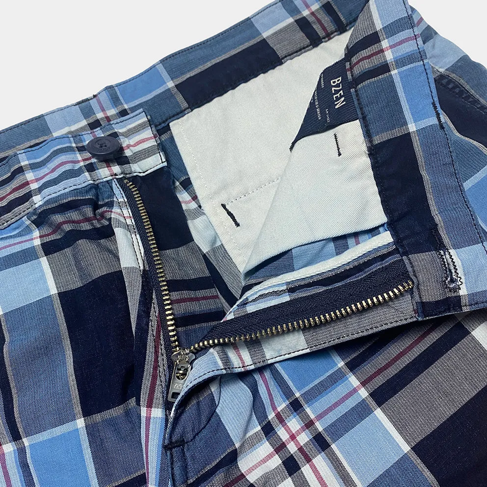 BZEN M.1123 WALTER-CELTIC REGULAR FIT UNISEX FLAT FRONT 4 POCKET INDIGO CHECK CHINO-4.5OZ-E1A INDIGO CHECK