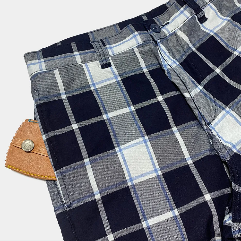 BZEN M.1123 WALTER-UNITY REGULAR FIT UNISEX FLAT FRONT 4 POCKET INDIGO CHECK CHINO-4.5OZ-E1A INDIGO CHECK