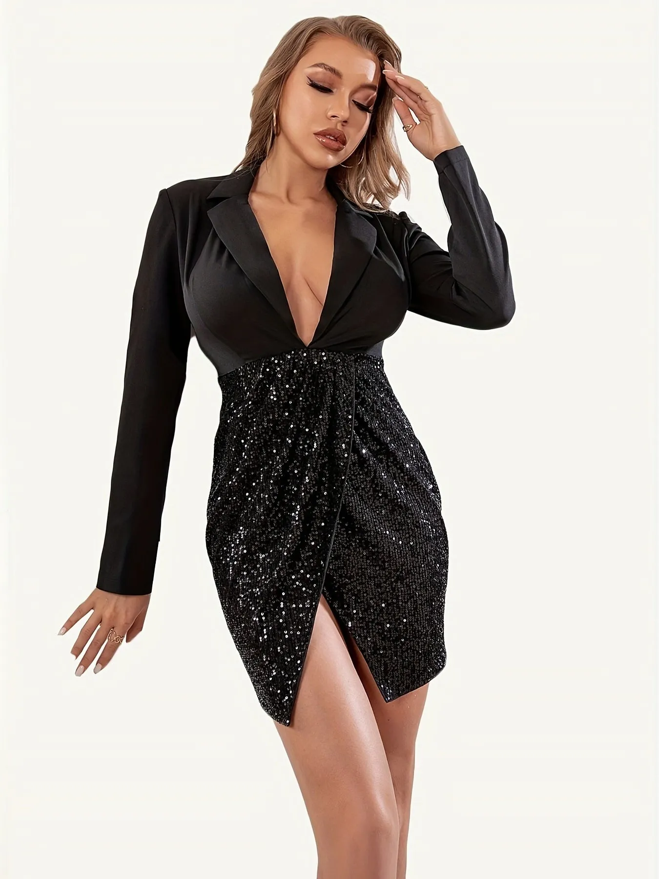 Contrast Sequin Lapel Dress, Sexy Plunging Long Sleeve Bodycon Dress, Women's Clothing