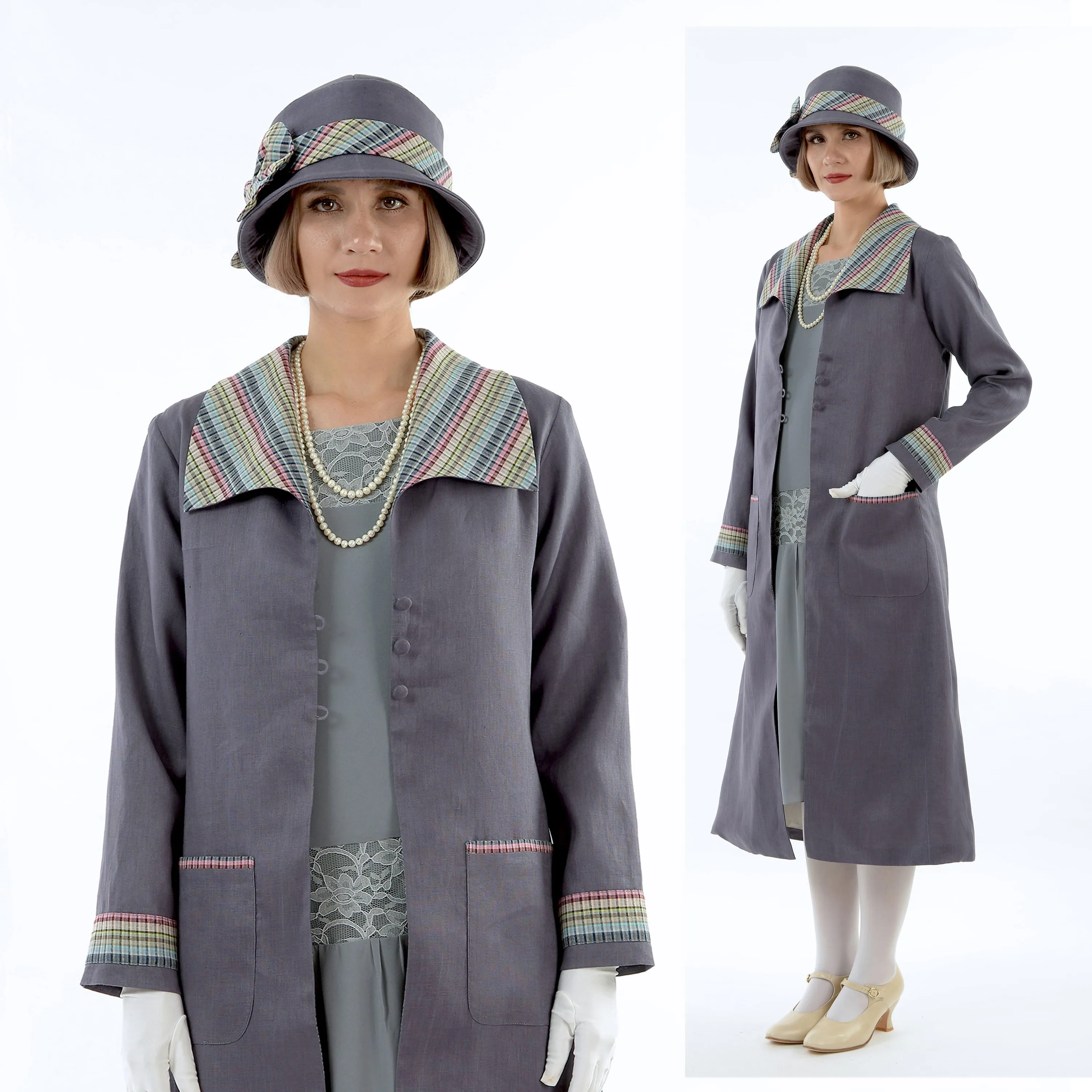 Dark grey summer linen 1920s coat with plaid wing collar