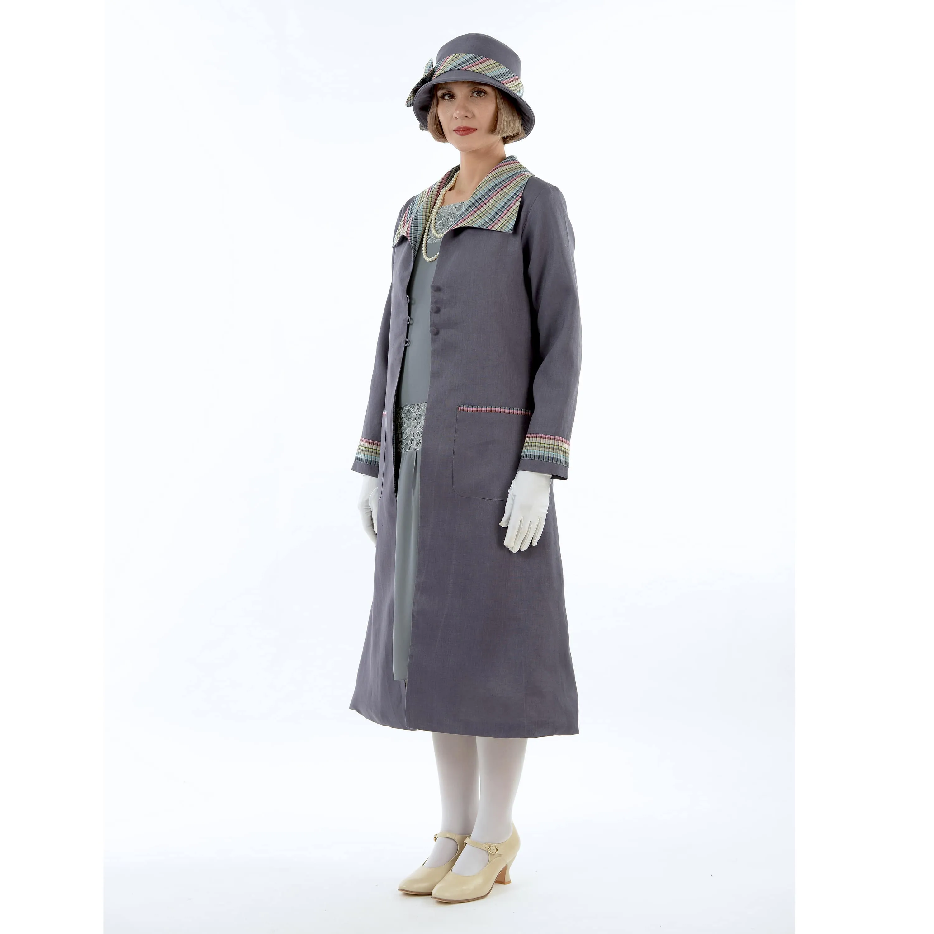 Dark grey summer linen 1920s coat with plaid wing collar