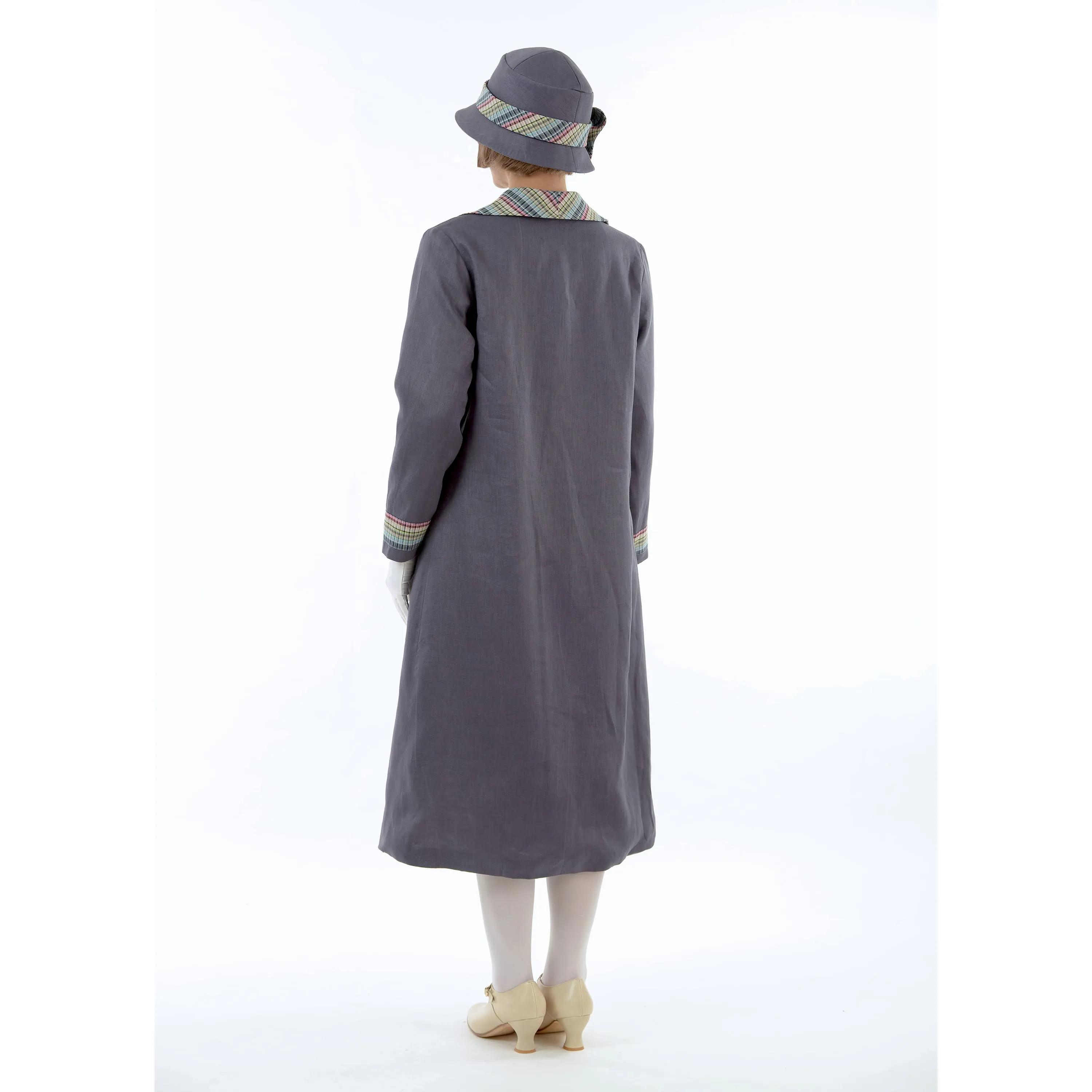 Dark grey summer linen 1920s coat with plaid wing collar