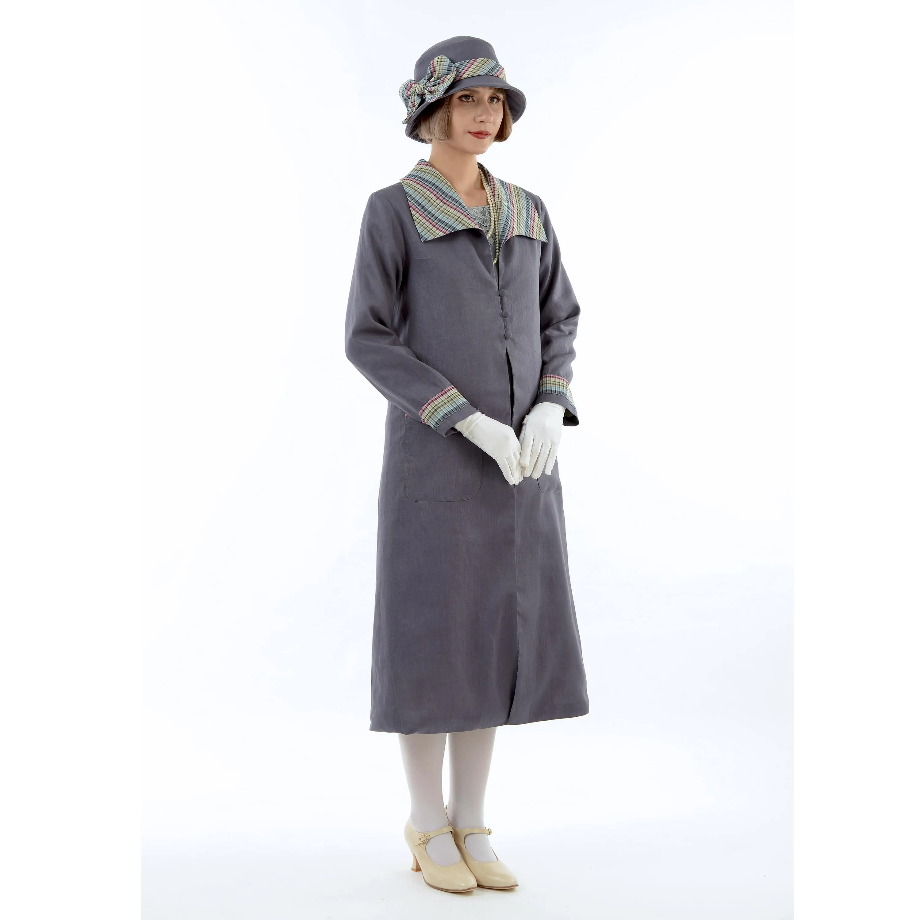 Dark grey summer linen 1920s coat with plaid wing collar