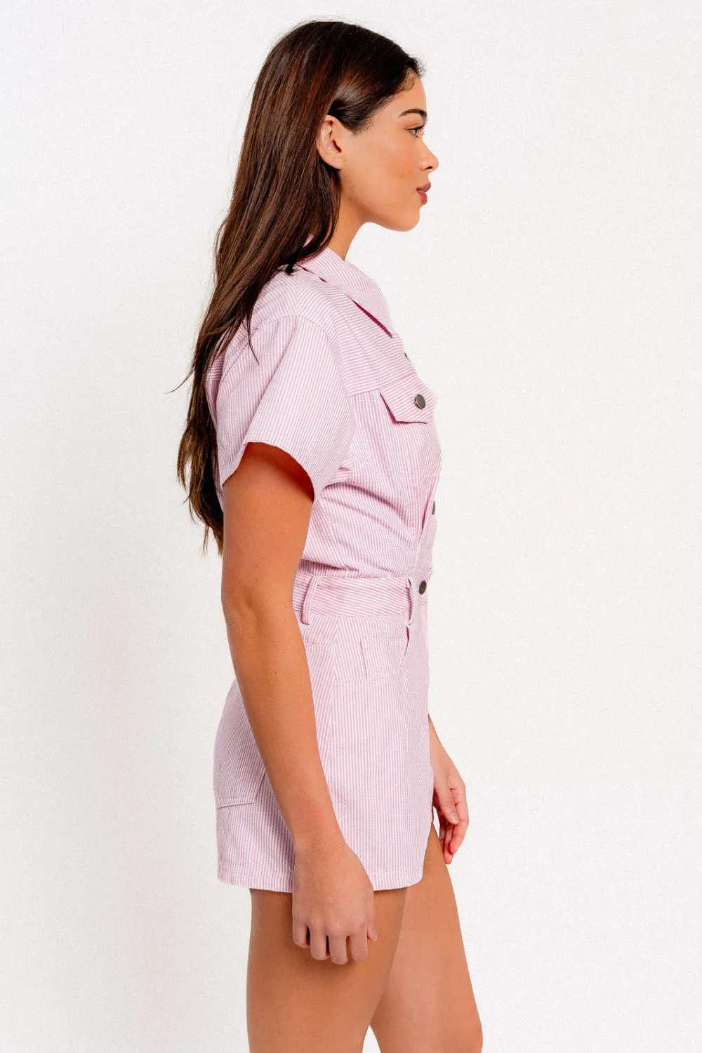denim doll romper- flamingo pink stripe
