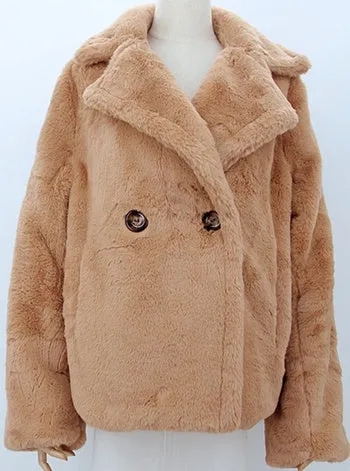FAUX FUR 2 BUTTON COAT - BUFF