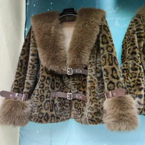 Gbolsos Leopard Cropped Jacket Women Winter Warm Fur Trim Button Up Top Streetwear Harajuku Vintage Long Sleeve Brown Jackets Coat