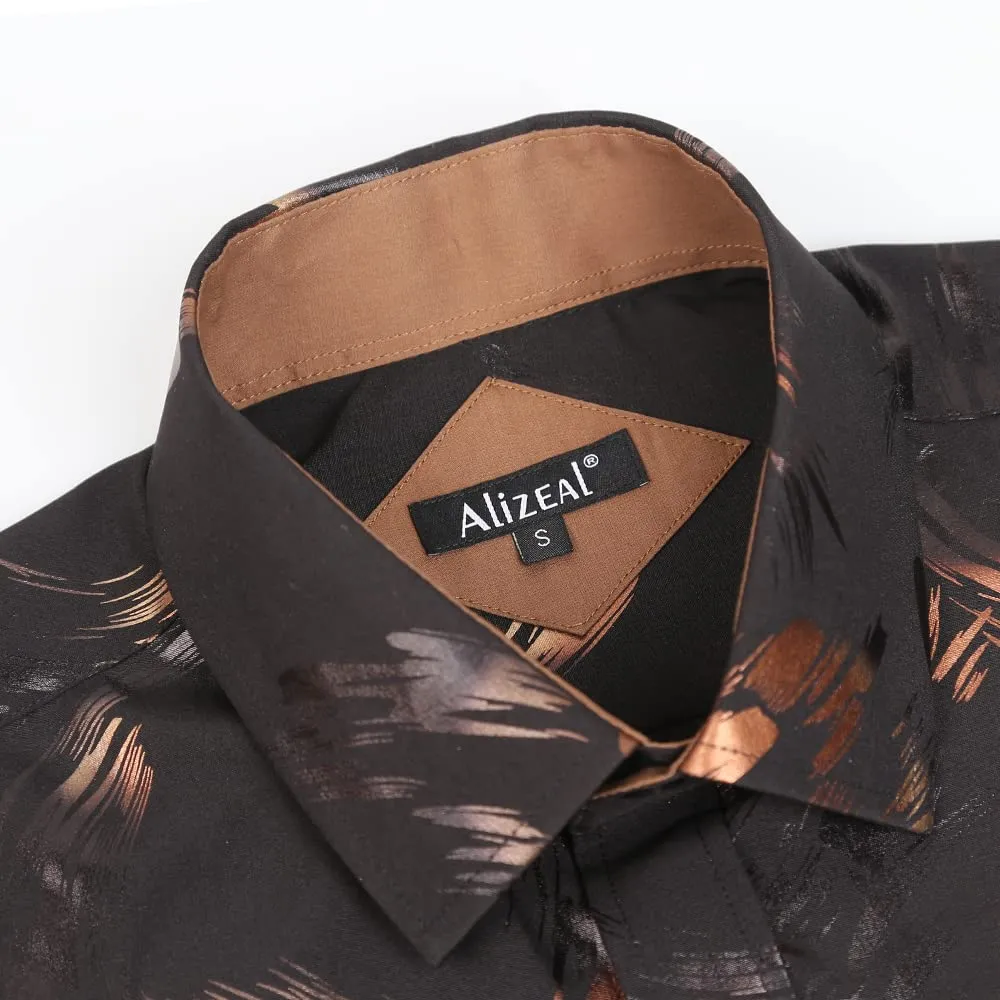 Men's Lapel Bronzing Shirt Casual Slim Fit Shiny Pattern Button-Down Long Sleeve Shirt, 009-Feather