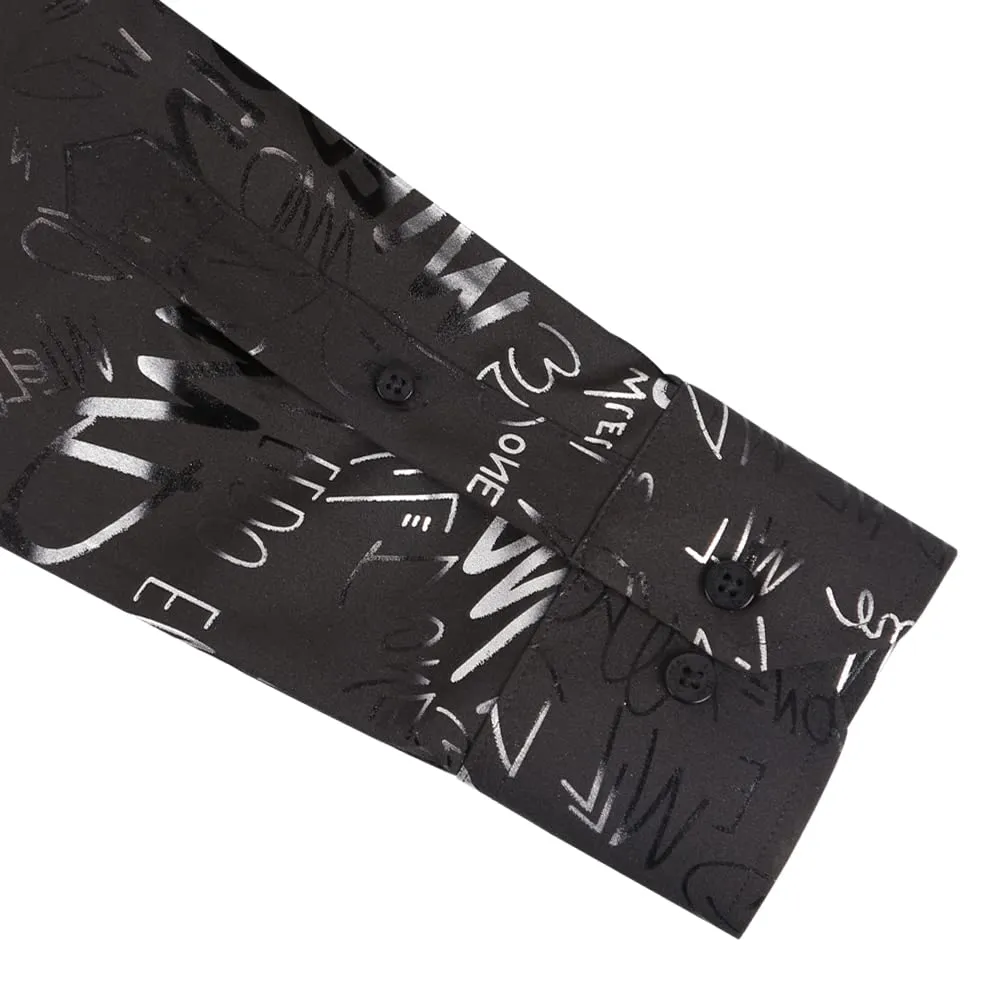 Men's Lapel Bronzing Shirt Casual Slim Fit Shiny Pattern Button-Down Long Sleeve Shirt, 009-Graffiti