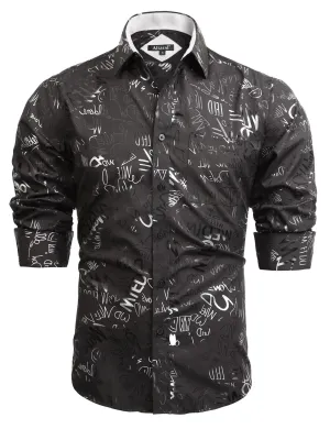 Men's Lapel Bronzing Shirt Casual Slim Fit Shiny Pattern Button-Down Long Sleeve Shirt, 009-Graffiti