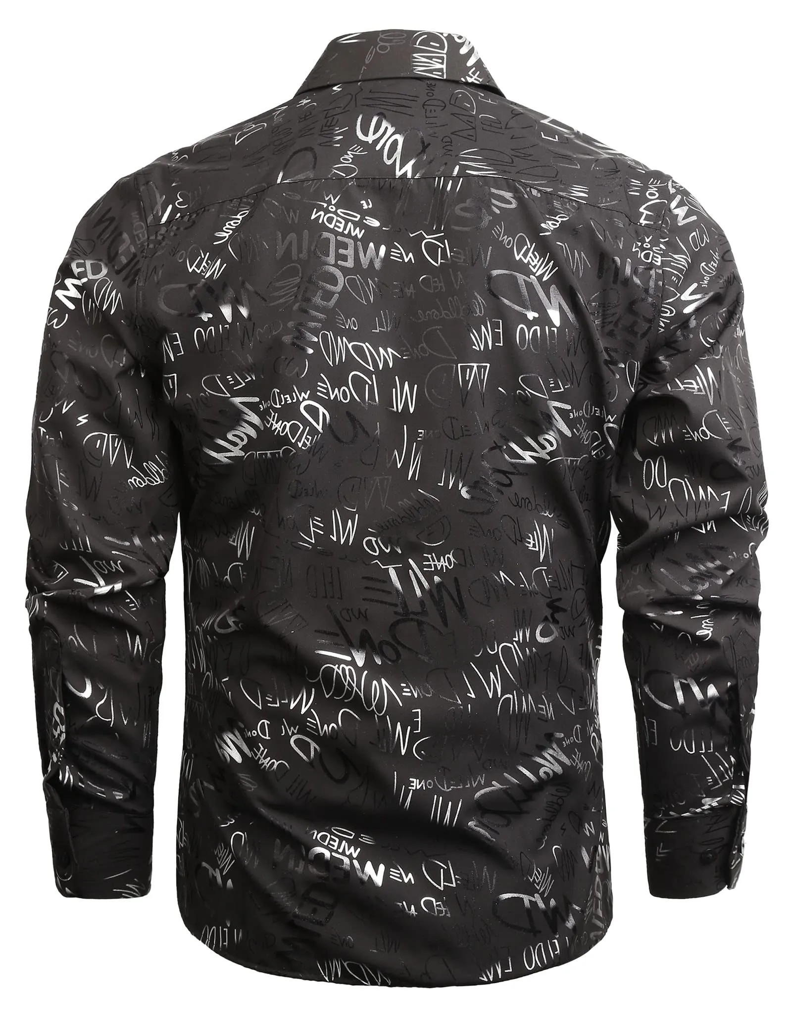 Men's Lapel Bronzing Shirt Casual Slim Fit Shiny Pattern Button-Down Long Sleeve Shirt, 009-Graffiti