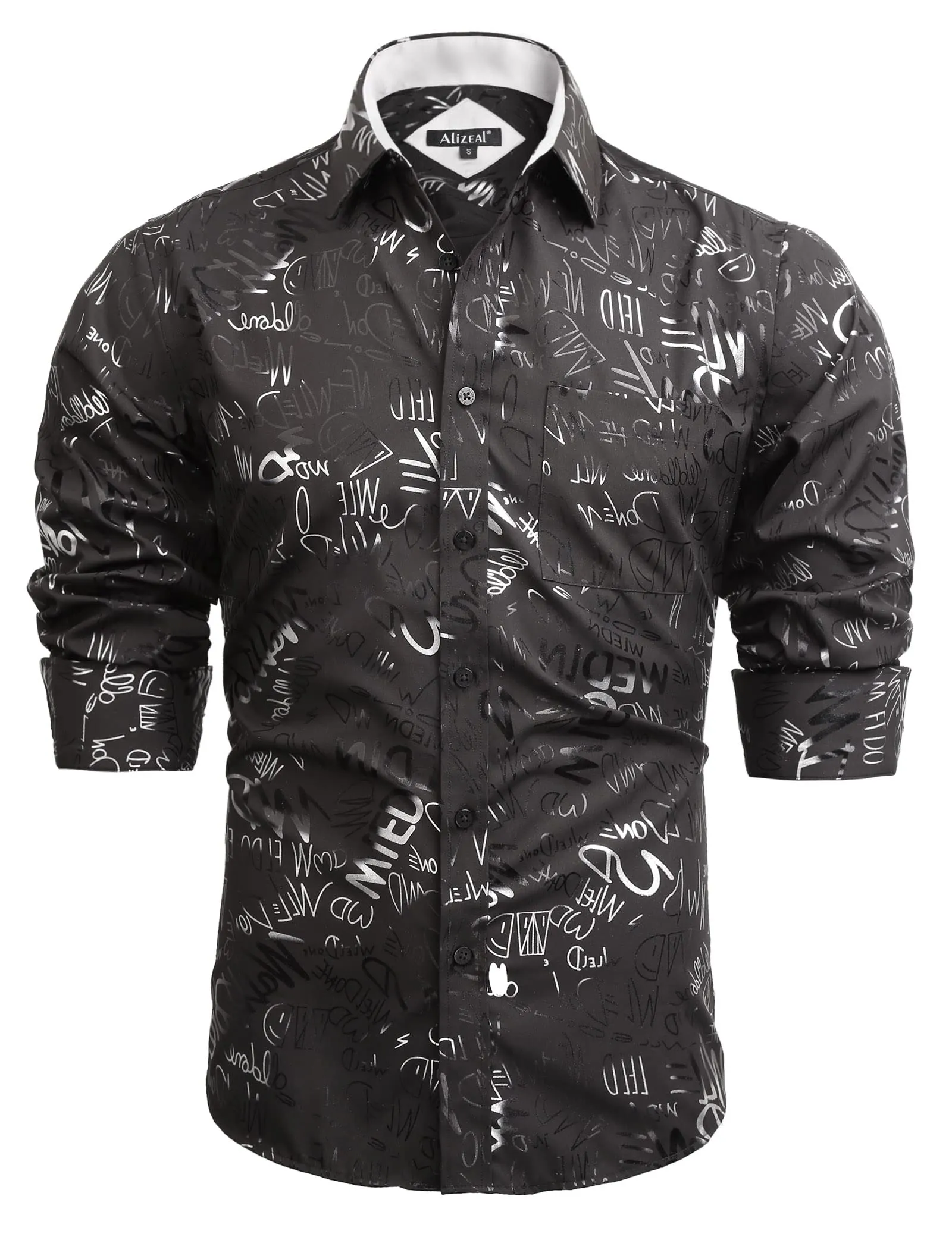 Men's Lapel Bronzing Shirt Casual Slim Fit Shiny Pattern Button-Down Long Sleeve Shirt, 009-Graffiti