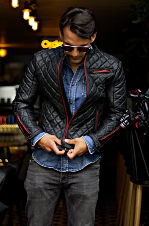PANAMERICA Leather Jacket - Quilted, in Calfskin Black & Black Zips / Red