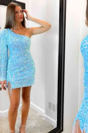 Sparkly Bodycon Light Blue Long Sleeve Sequins Homecoming Dresses with Beading VK072703